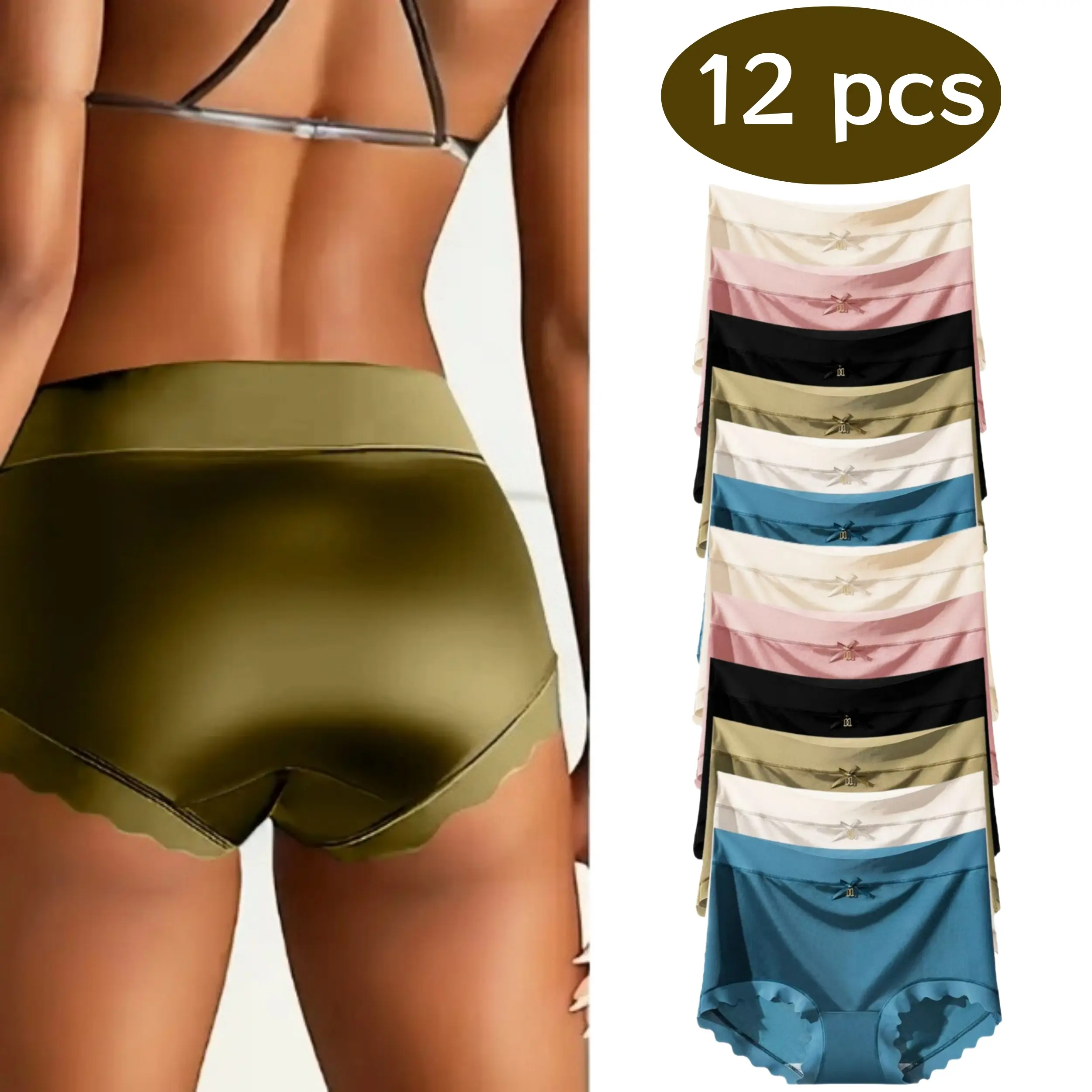 QQ 12-Piece Elegant Satin Bow-Trimmed Panties, Sexy Style, Smooth Knitted Fabric, Comfortable, Soft and High-Elastic Underwear, Suitable for Daily Casual Wear, Elegant Design Chic Womenswear Fit Basic Minimalist