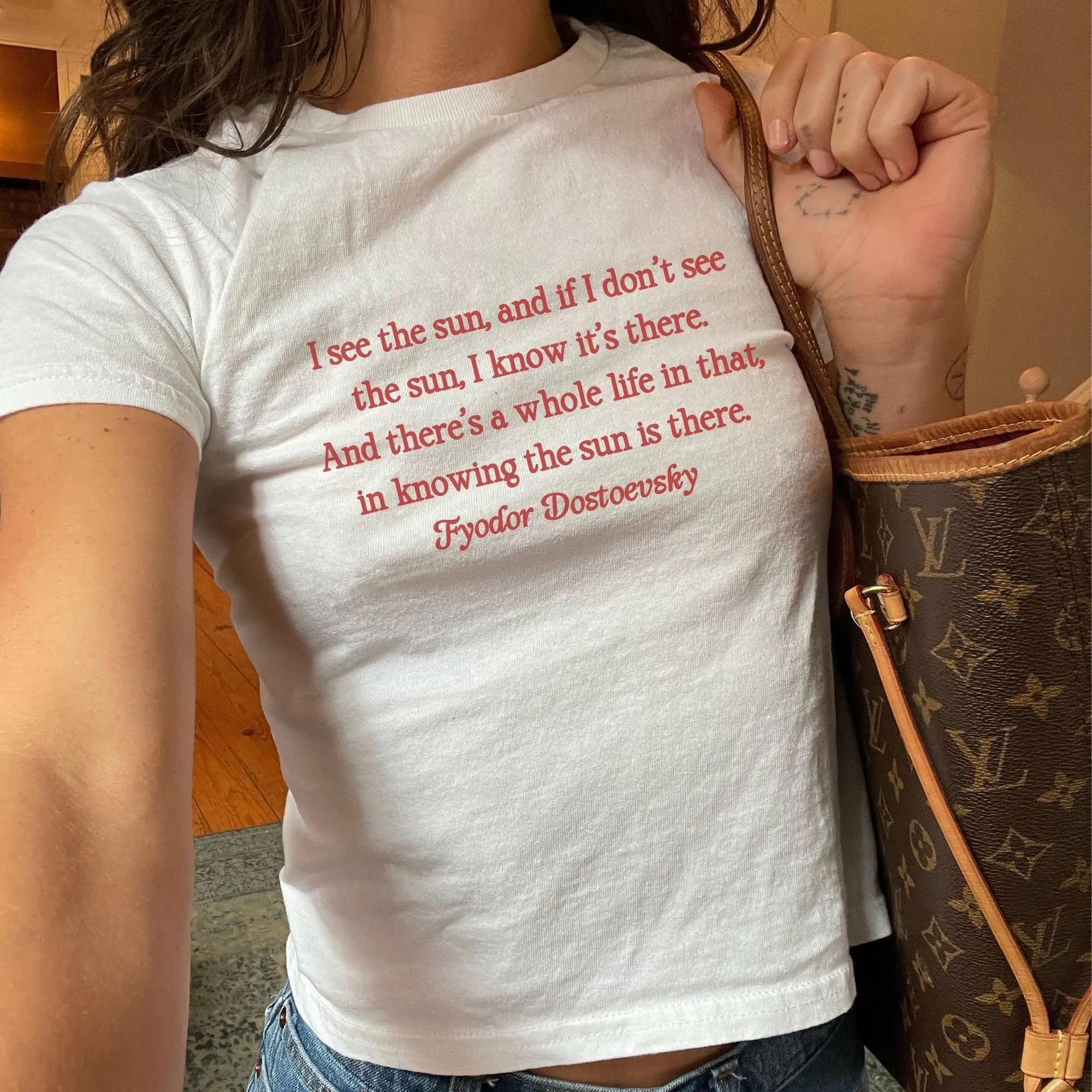 Dostoevsky Quote Baby Tee - 'I See The Sun' - Y2K Style Vintage, Gift for Her