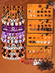 Cute Pumpkin & Ghost & Spider Web & Letter & Clay Beads for Bracelet & Earrings, Halloween Themed Jewelry Set, Fashion Jewelry Accessories for Women & Girls