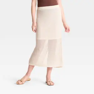 A New Day Women's Crochet-Style Pointelle Midi Sweater Skirt - Cotton-Recycled Polyester Blend, Elastic Waistband, Classic Fit, Ribbed Hem, Garment Bottom