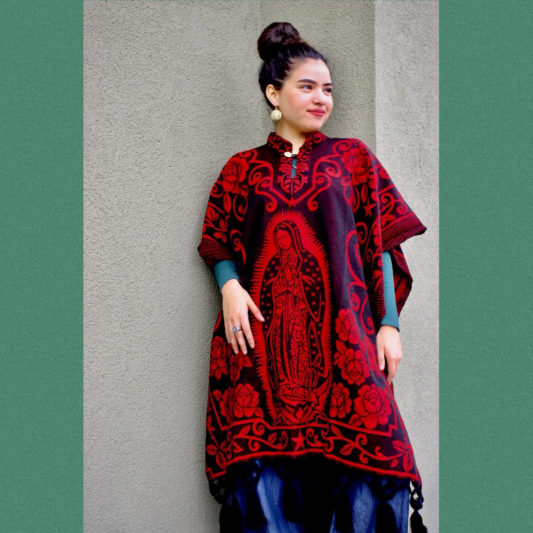 OLG Poncho Women's Coat in Red with Black Pattern Comfortable Fit Ideal for Outerwear One Size Fits All Chic Summer Style