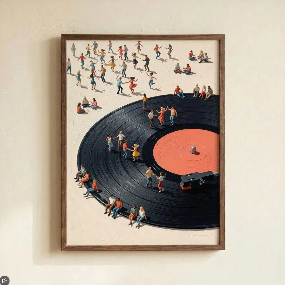 Vinyl Record Player Art Print, No Frame Retro Music Lover Poster with Dancing Figures Poster