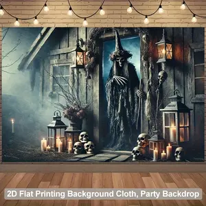 Spooky Glow Backdrop - Mystical Figure & Arch Design Polyester Scene for Wall Decor, Photo Booth & Outdoor Party, Reusable Gothic Room Aesthetic