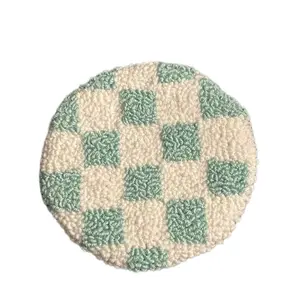 Checkered Design Punch Needle Coaster - Round Coaster for Tableware