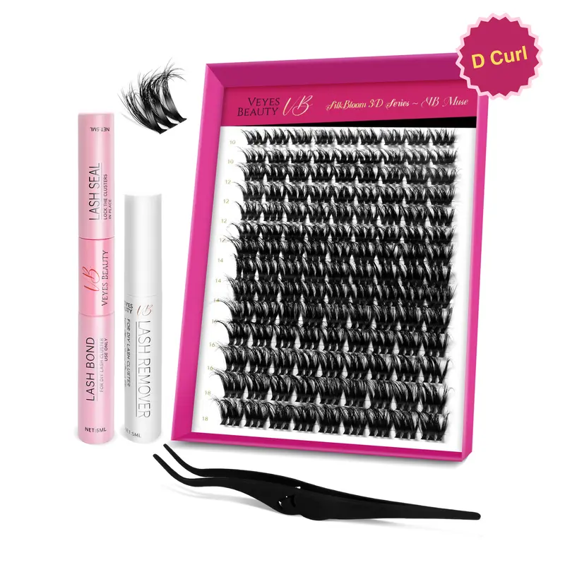 VEYESBEAUTY VB-Muse 3D Volume Cluster Lashes Individual Lash Extensions Layered Fluffy Eyelashes Wispy Faux Mink Lash Newbie's Five-Second DIY Mixed Length Large Tray for Self Application Makeup at Home Cosmetic Eyelashes Extensions