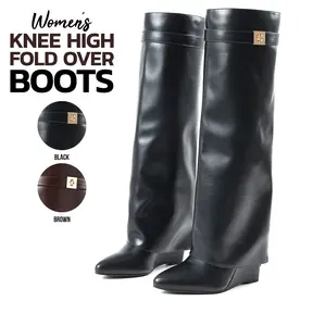 Womens Knee High Fold Over Boots Pointed Toe Wedge Heel Fashionable Casual Party Date Festival Shark Trendy Comfortable Boots