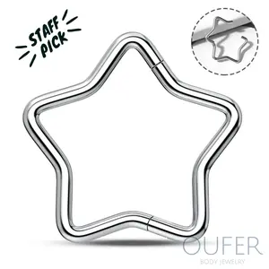 OUFER BODY JEWELRY G23 Titanium Hinged Nose Hoops - Multiple Gauges (16G/18G), Star Hinged Segment Design, 8mm/10mm/12mm Septum Nostril Ring, High-Quality Unisex Daily Wear Body Jewelry