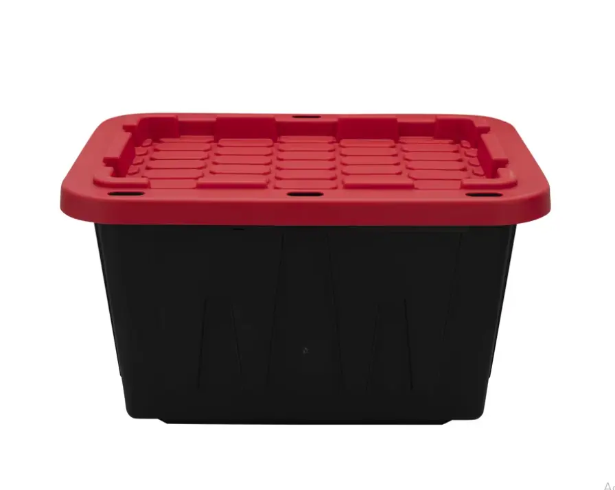 12 Gallon Heavy Duty Plastic Storage Bin with Snap-On Lid – Black Base, Red Lid, Stackable Storage Container