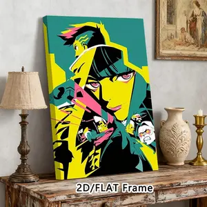 Framed Cyberpunk Anime Canvas Print, Edgerunners Design, Bright Neon Colors, Premium Wall Poster, Game Room & Bedroom Decor