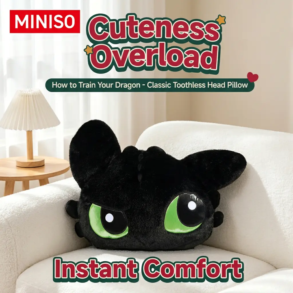 MINISO How to Train Your Dragon - Classic Replica Series Toothless Head Shaped Lounger Pillow – Cute Plush Cushion, Perfect Gift for HTTYD Fans, Adorable Night Fury Head Pillow for Couch, Bed & Travel!