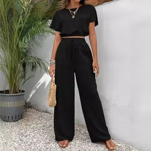 Women’s 2 Piece Lounge Set – Casual Crop Top & Wide Leg Pants Outfit, Elastic Waist Comfy Summer Travel Set for Women