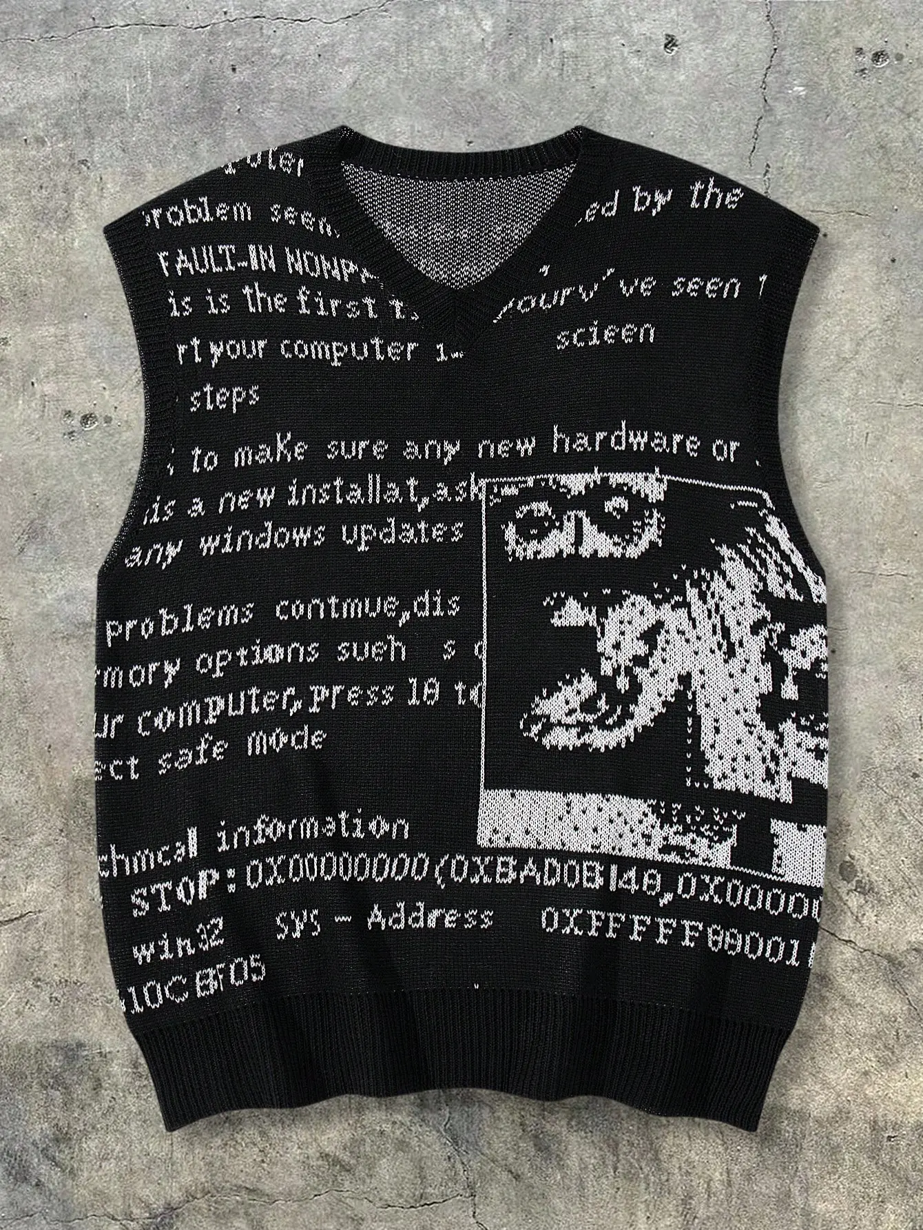 ANDREILEE Mens Knitting Vest - Polyester Casual V-Neck Medium-Length Sleeveless Top, Spring/Summer Tech Style, Blue Screen Error Code Themed Letters, Loose Fit Streetwear