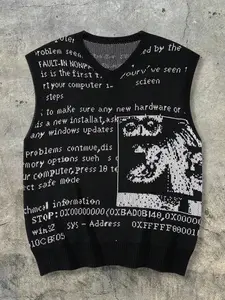 ANDREILEE Men's Polyester Knit Vest, Menswear Casual Medium-Length V-Neck, Spring/Summer Tech Style, Blue Screen Error Code Themed Lettering, Loose-Fit All-Seasons Streetwear Sleeveless Top
