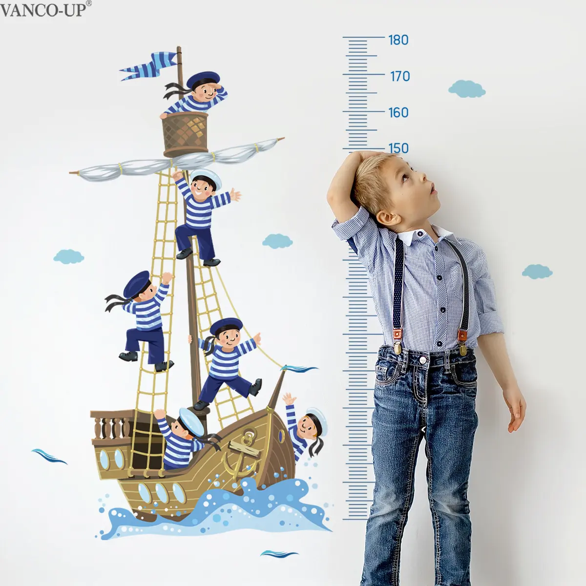 Set of 3 Pcs (30×90cm×3pcs) Cartoon Pirate Ship & Sailor Kids Height Wall Stickers, Self-Adhesive Baby Height Measurement Sticker, Home Decor Sticker for Children's Room & Bedroom