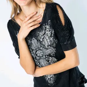 Angel Wing Cross Lace Crochet Open Shoulder Ladies Top Womenswear Comfort Blouse Crystal Rhinestone Fashion fitted streetwear Half-Sleeve Light Shirts