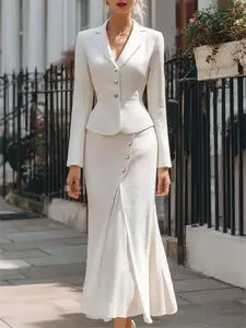 Elegant Woven Textured Buttoned Waistcoat Jacket & Mid-Length Dress Set, Suit, Slim Fit, Office Chic, Sexy Commuting Daily Wear