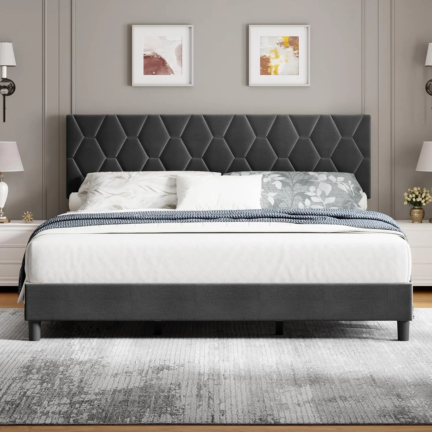 Tufted Upholstered Grey King Modern Bed Frame - Diamond Headboard, Sturdy Platform Bed with Strong Wood Slats, No Box Spring Needed, Noise-Free, Easy-to-Assemble Bedroom Furniture, Tufted Upholstered Bed