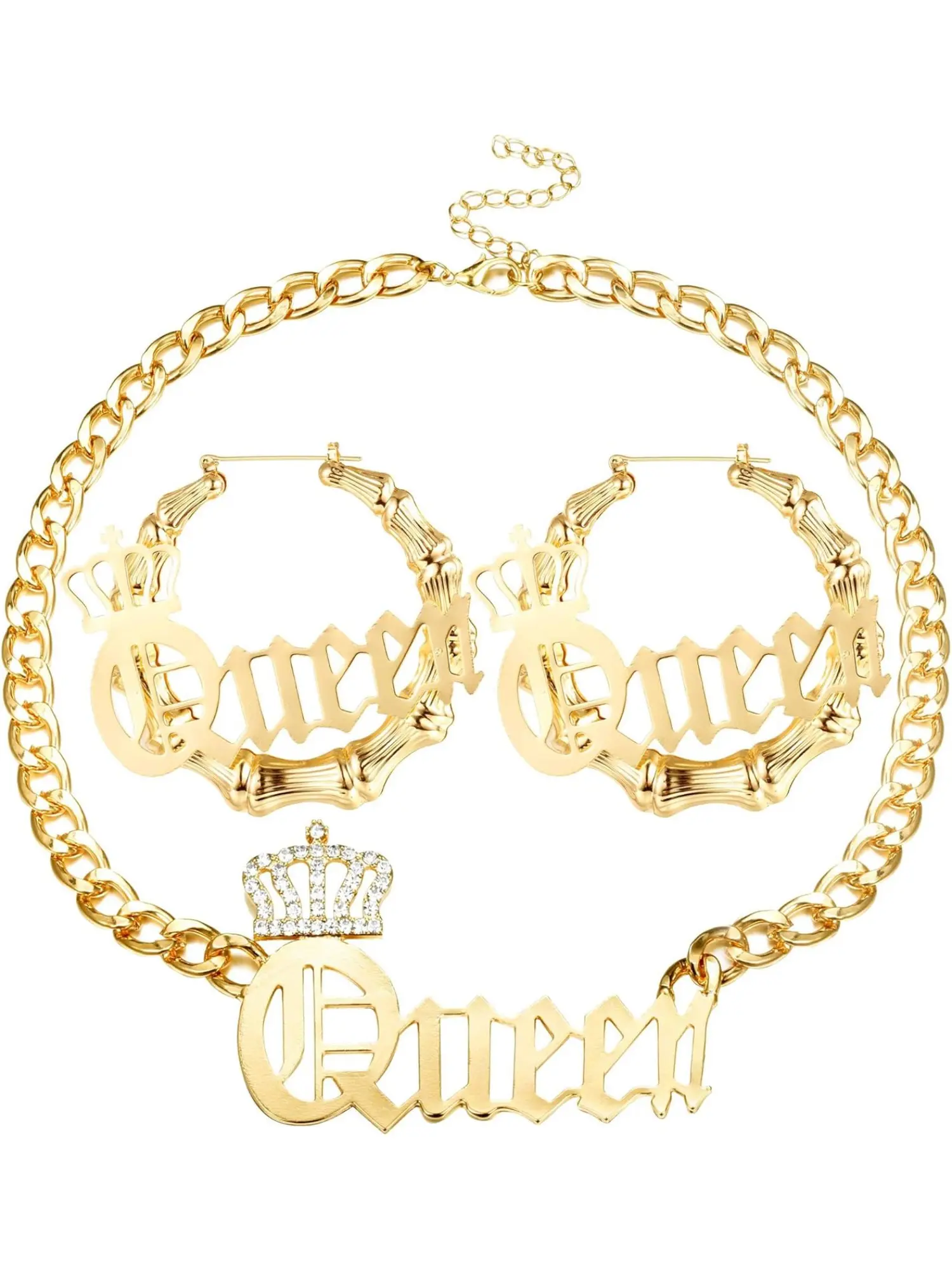 3 Pcs Set Large Queen Crown Pendant Containment Chain Necklace for Women Ladies 14k Gold-plated Punk Style Hip-hop Rap Bamboo Hoop Earrings Set Jewelry Sets Statement Jewelry Gift Jewellery Gift Set
