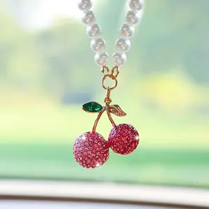 Cherry Design Car Interior Decoration, 1 Count Cute Car Rearview Mirror Hanging Ornament with Pearl Chain, Car Interior Decoration Accessories for Women, Car Interior Accessory