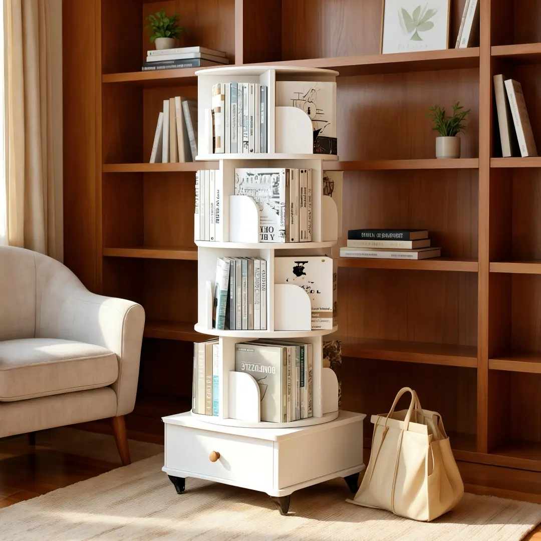 5 Tier Wood Rotating Bookshelf, 360° Spinning Bookshelf Tower with Lockable Wheels, Round Revolving Bookcase for Bedroom, Small Space, Corner, Office, Reading Nooks, Hallways, White