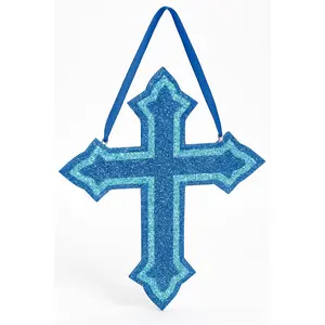 Blue Glitter Foam Sacraments Cross Hanging Decoration