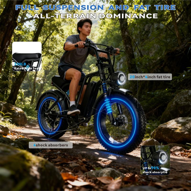 Electric Bike for Adults, Full Suspension, 48V13Ah Removable Battery, Up to 28MPH & 46.6 Miles (PAS), 1000W Ebike with All-Terrain 4.0" Fat Tires, Cruise Control, UL Certified, Moped E-Bike