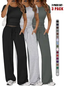 Women's Spring Summer Casual Basic Set, Round Neck Short Sleeve Top & Wide Leg Pants, Slim Fit Home Wear, 2 Piece Comfortable
