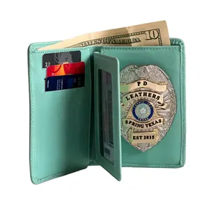 Police Badge Wallet  All Leather Universal Fit- Turquoise-For Pin and Clip Back Badges