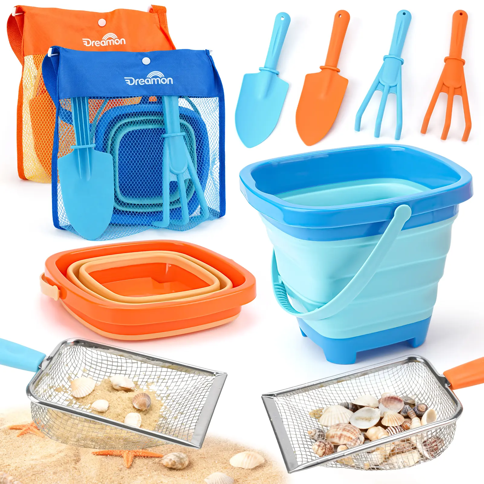 Dreamon Beach Toys, Travel Sand Toys for Kids, 10 PCS Sandcastle Building Kit with Collapsible Bucket, Mesh Bag, Sand Sifter, Shovel & Rake, Summervibes