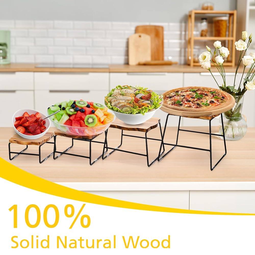 4 Piece Wood Buffet Risers, Dessert Table Risers Food Display Riser, Pizza Pan Riser, Cupcake Stand & Wood Display Risers,