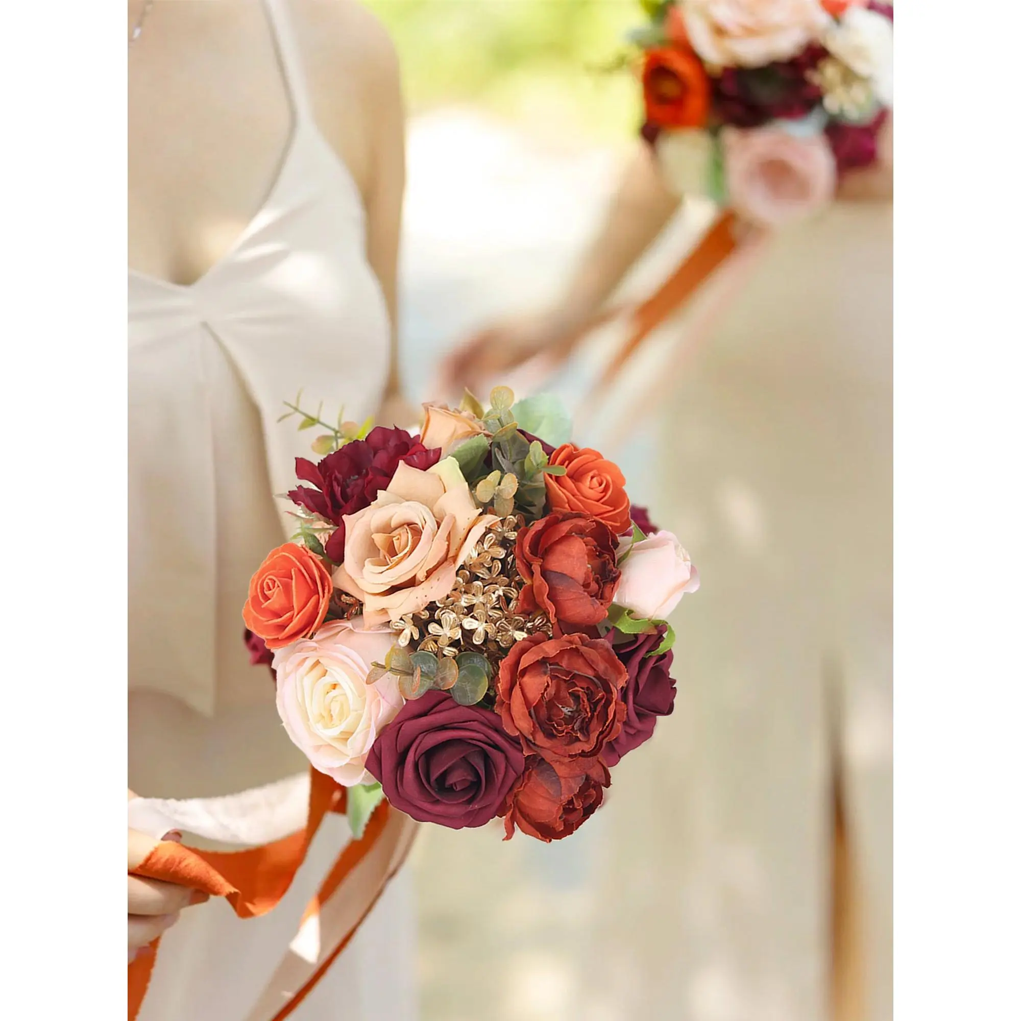 Rinlong 7.8in Wide Rounded Terracotta Silk Bridesmaid Bouquet - Burnt Orange Roses, Cream Accents, Gold Greenery, Rustic Silk Flowers, Wedding Supply Home Festive Party Accessory