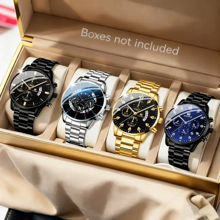 4 Pack Men Fashion Watches Stainless Steel Multi Color Dial Quartz Watch Lot Set