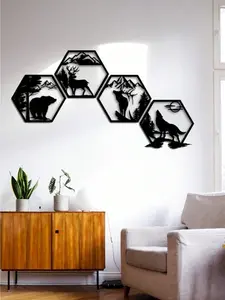 4-Pack Metal Hexagon Animal Wall Art Set - Rustic Black Wildlife Decor: Deer, Wolf & Bear Sculpture For Farmhouse, Modern Rustic, Wilderness Themed Living Room, Bedroom, Office | Nature-Inspired Gift For Friends & Family | Aesthetic Home Decor, Wall Hang