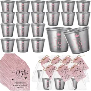 25 Sets Sweet 16 Party Favors for Guests Sweet 16 Shot Glasses Stainless Steel Shot Glasses with Thank You Cards Organza Bags Twine for Quinceanera Birthday 16  Party