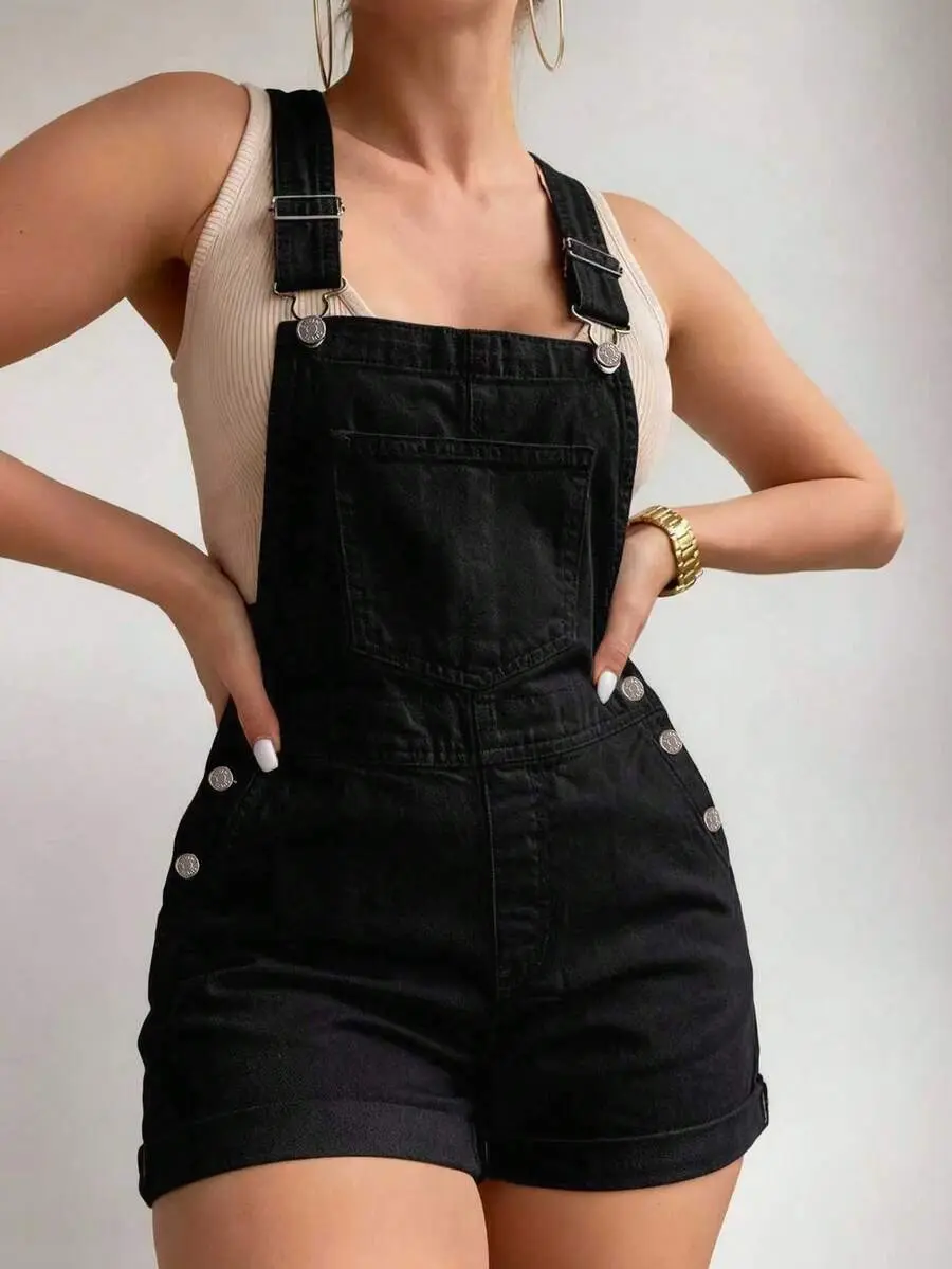 Women's Pocket Button Fashionable Versatile Date Outing Denim Bib Shorts