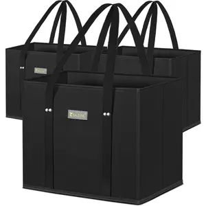 3-Pack Foldable Reusable Grocery Bags with Reinforced Bottom & Handles, Heavy Duty Shopping Totes for Groceries, Market & Errands - Black