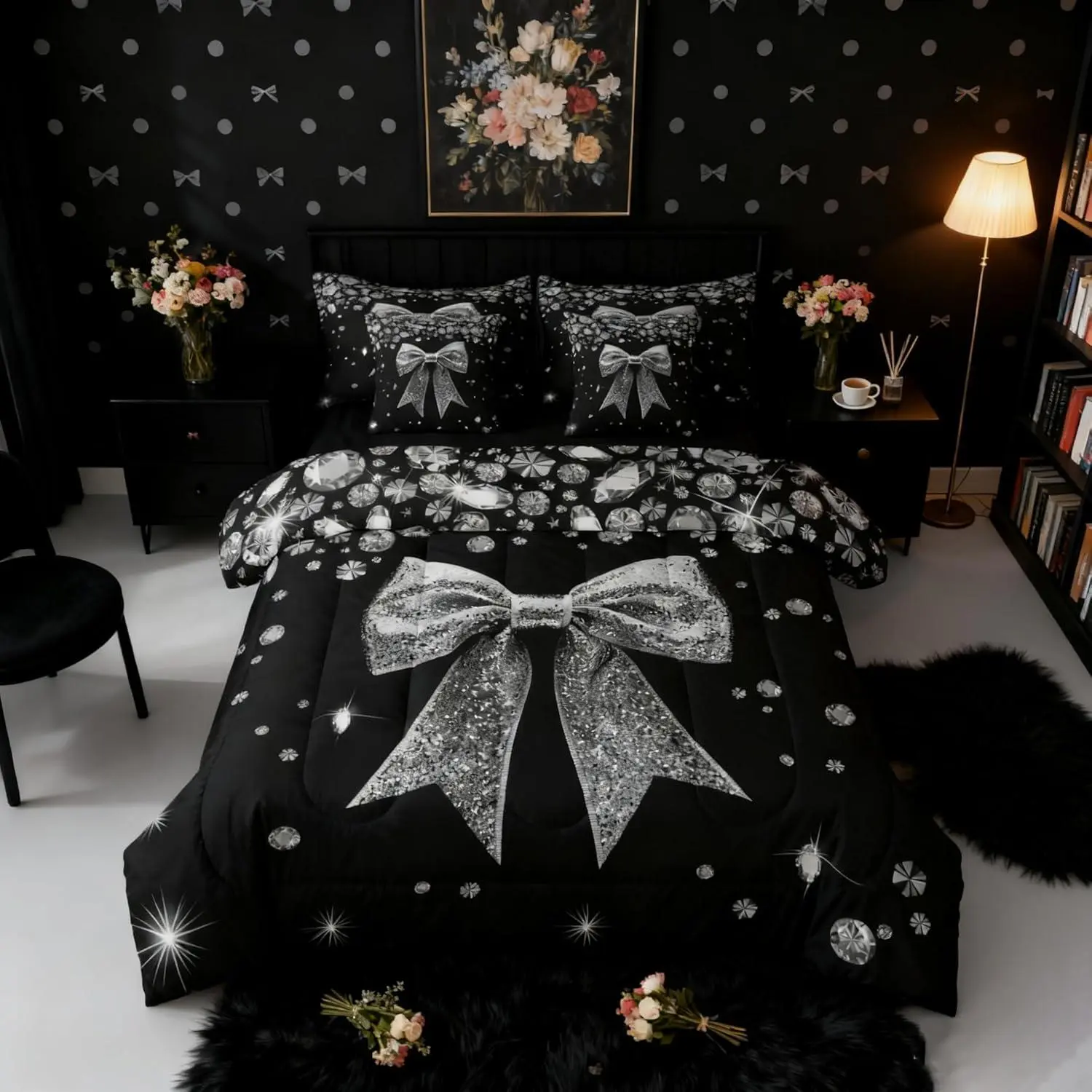 Cute Ribbon Bowknot Comforter Set 7 Piece Bed in a Bag,Sparkling Silver Bow Bedding Sets,Grey Glitter Diamond Black Bow Tie Comforter and Sheet Set Kawaii Geometric Bow-Tie Bed