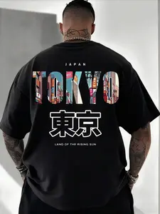 Men's Tokyo Print Graphic T-Shirt, Summer Casual Short Sleeve, Fitted Aesthetic Fashion Round Neck Top, Street Style, Comfortable Daily Wear