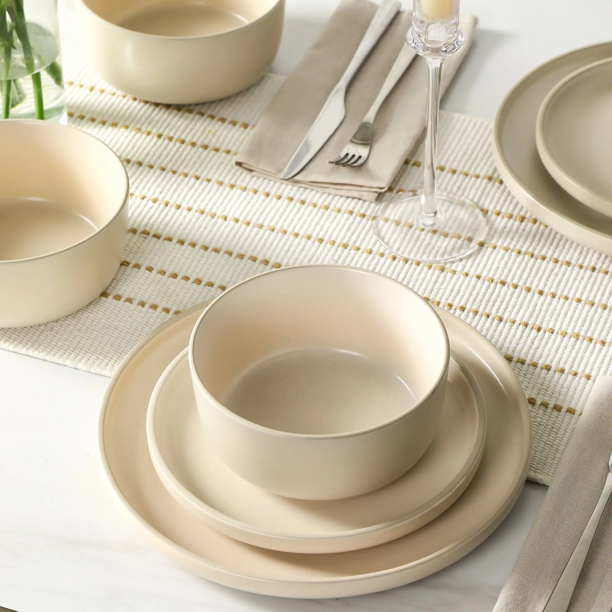 Amber Stoneware Dinnerware Set - Beige