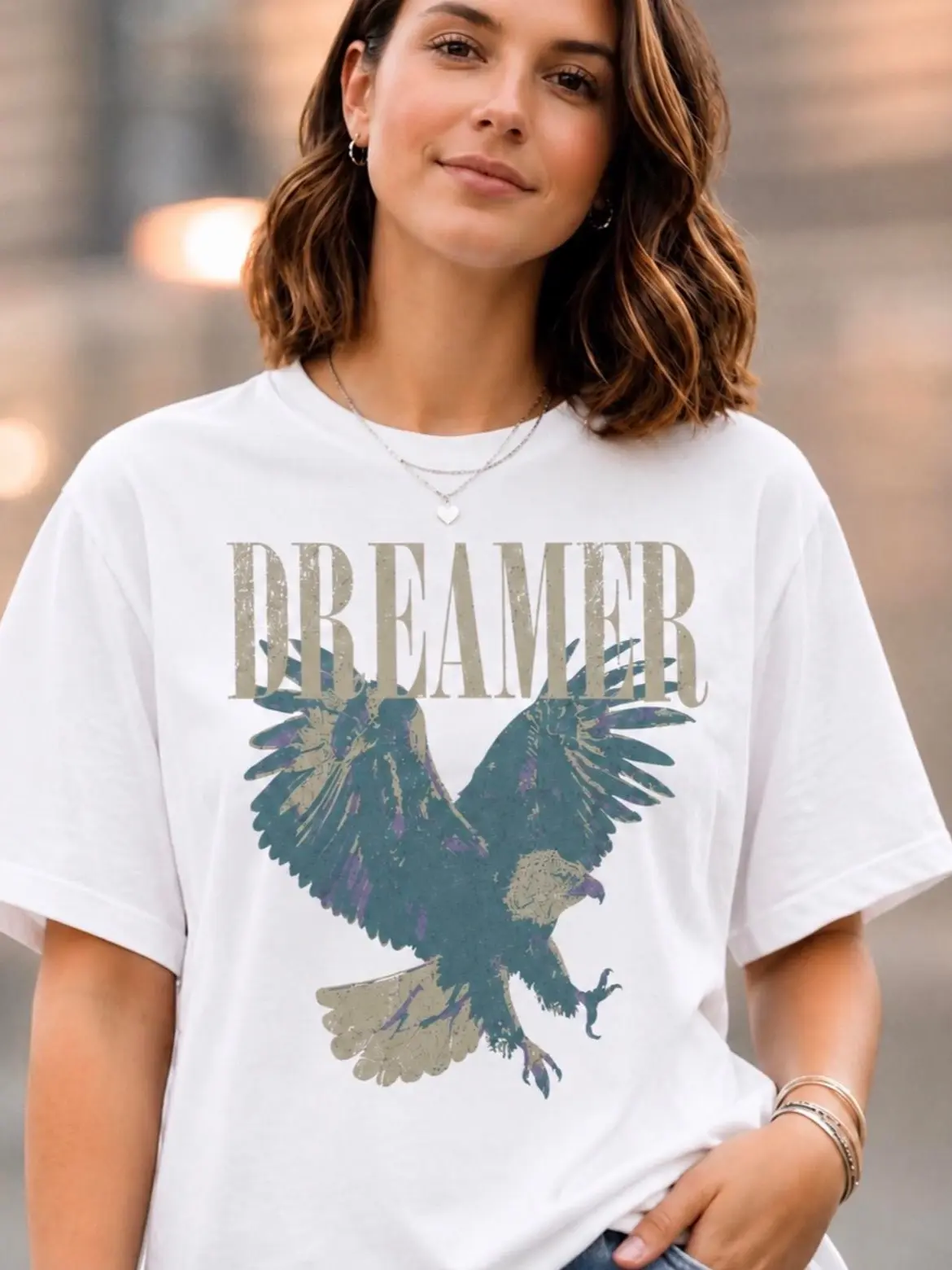 Organic Cotton "DREAMER" Tee, Eagle Graphic T-Shirt, Trendy Womenswear Top, Eco-Friendly, Unisex Fit [GOTS + OCS Certified]