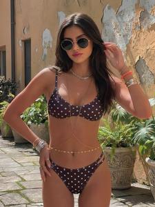 Elegant Bohemian Style Brown and Light Blue Polka Dot Adjustable Strap V-Neck Sexy Bikini Set