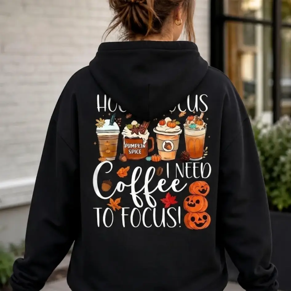Hocus Pocus I Need Coffee To Focus Graphic Hoodie & Tee Pumpkin Spice Fall Season Aesthetic Pullover Casual Sweatshirt Shirt Coffee Lover Gift