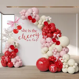 Cherry Balloon Arch Kit Bows Cherry On Top Party Decorations Red Pink Balloons Long Balloons – She‘S The Cherry On Top Baby Shower Decorations,Strawberry Birthday Decor Berry First Birthday Supply