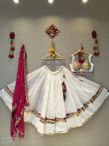 Mal Cotton Mirror Work Lehenga Set with Laheriyu Dupatta – Pink Multi-Thread Embroidery (9–12 Mtr Flair)