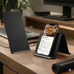 Multifunctional silicone folding mobile phone stand – ideal for frequent users of digital devices. Suitable for use on office desks, in the kitchen for following recipes, for portable storage whilst travelling, and as a non-slip mount in the car.