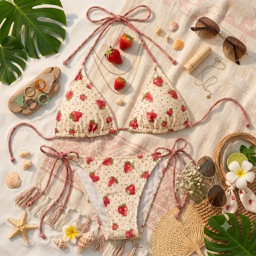 Strawberry String Bikini, Coquette Aesthetic Beachwear, Cute Fruit Bathing Suit, Cottagecore Summer Swimwear, Kawaii Two Piece Swimsuit, Women's Strawberry String Bikini Set - Cute Fruit Two Piece Bathing Suit, Coquette & Cottagecore Summer Beachwear