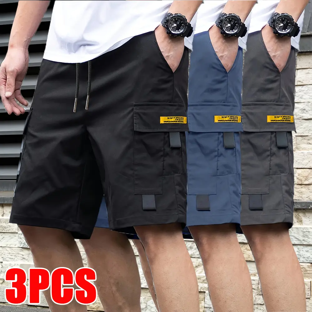 essential shorts，shorts for the summer，men shorts，shorts for summer，Men’s 3-pack cargo shorts — lightweight summer casual style, trendy design, multiple pockets, practical storage, adjustable drawstring, elastic waistband, loose fit;scargo shorts