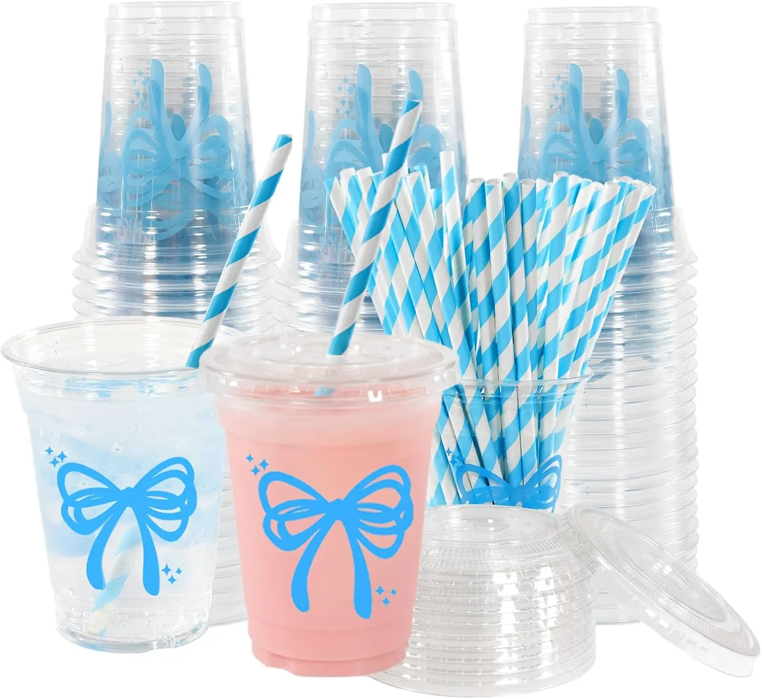 Disposable Cups with Lids and Straws Bow Design 12 oz 50 PCS Party Drink Set