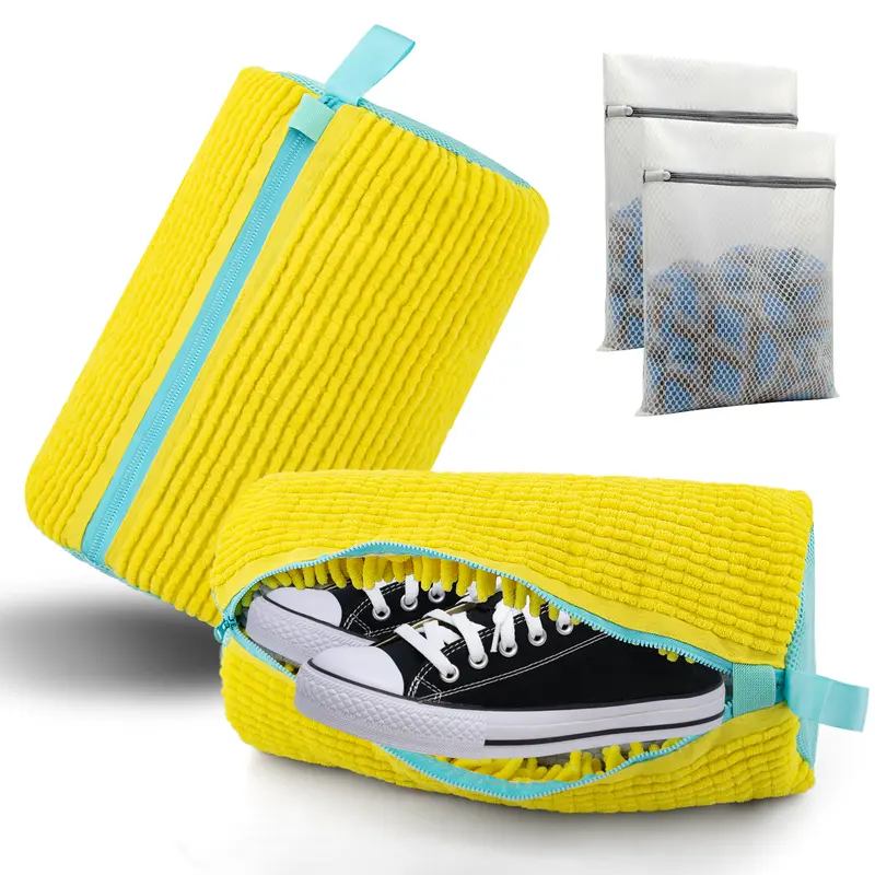 FiltMonster 2PCS Large Shoes Washing Bags - Invisible Zipper, Lightweight Chenille Mesh, Secure Lock, Anti-Snagging, No Fading, Reusable, Washable Laundry Accessory with Cleaning Brushes, Water Damage Protection for Footwear Wash