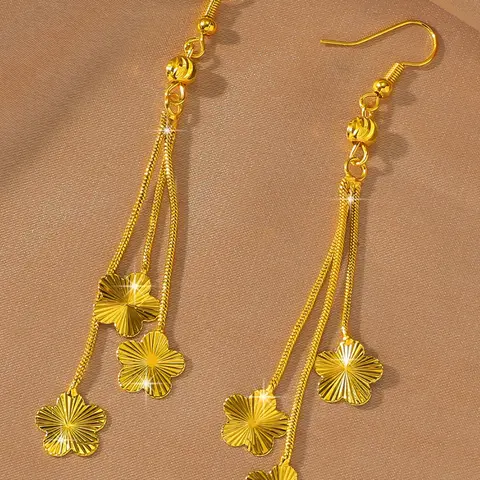 High quality tassel lucky 5-leaf grass earrings, copper gold-plated 24K, perfect gift for girlfriends and girlfriends, women's light luxury daily accessory jewelry, Flower earrings, Fashionable earrings, Fashion Dangle Earrings